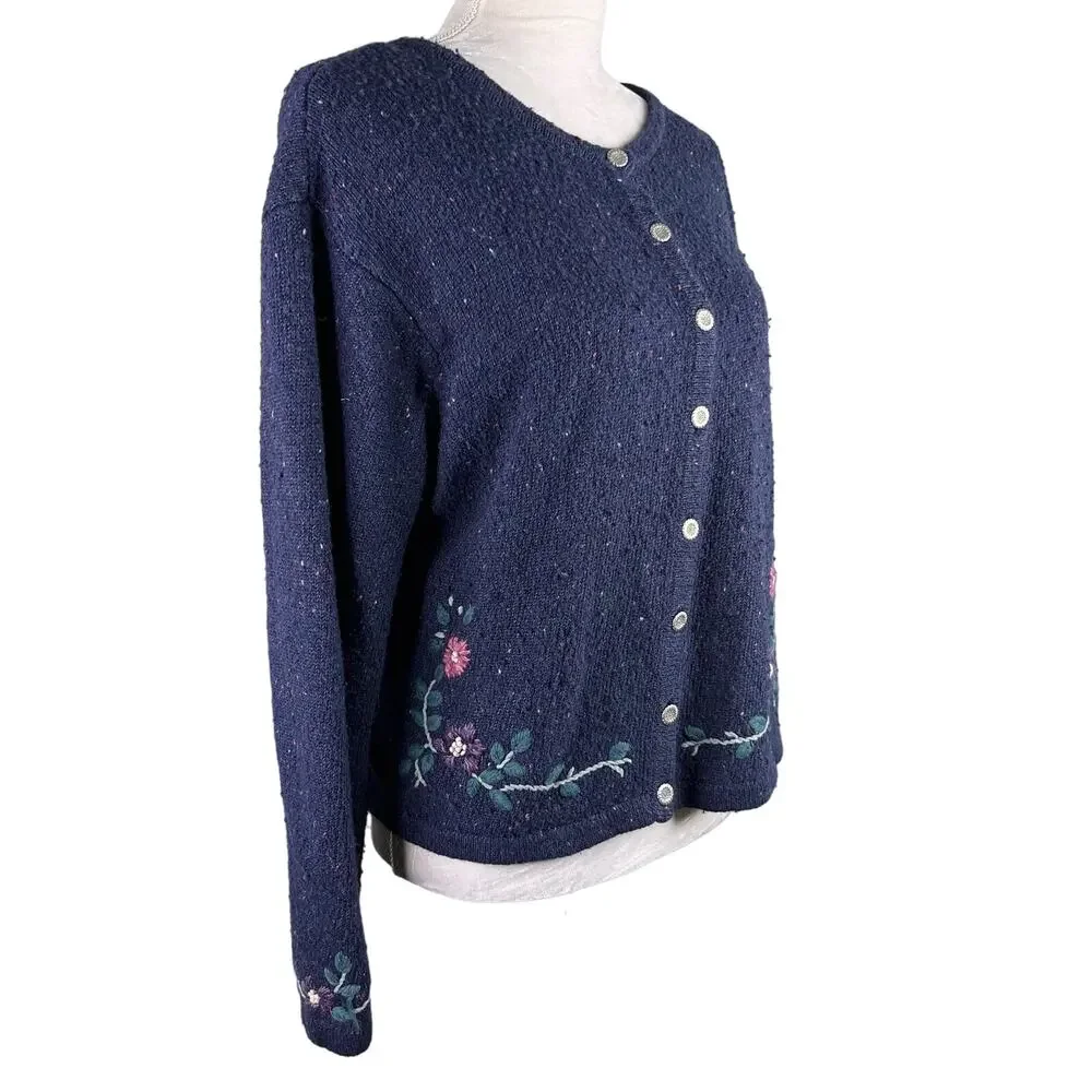 Northern Reflections Sweater Cardigan Large Navy Pink Floral L